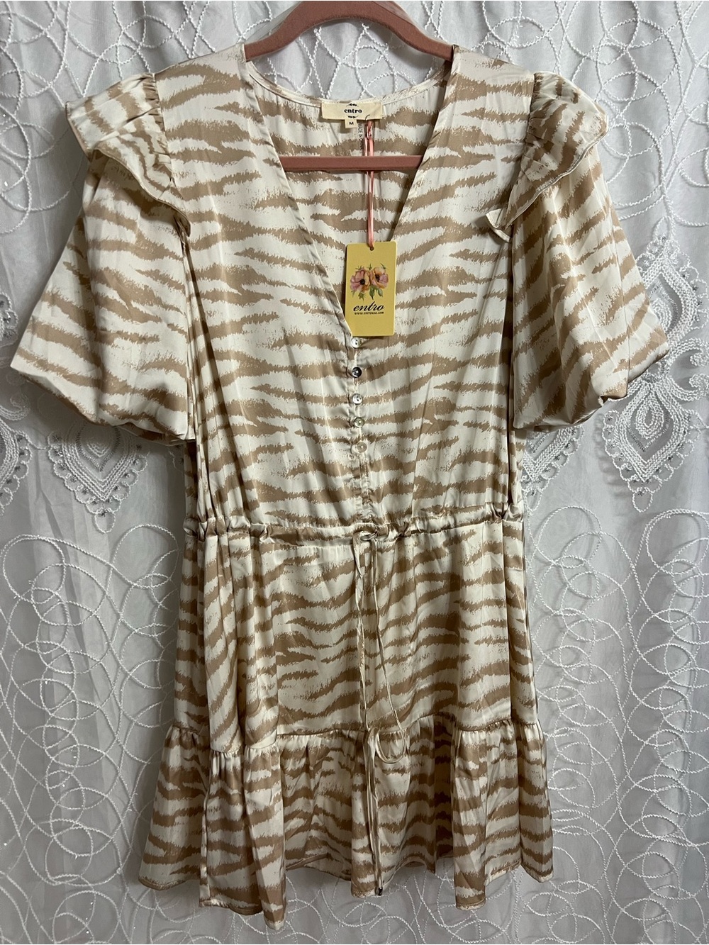 Ladies Neutral Stripe Ruffle Romper Cream & Tan